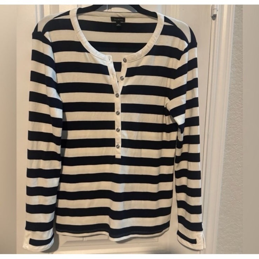 Talbots Blue & White Striped Ribbed Henley Top – Women's Medium nautical preppy